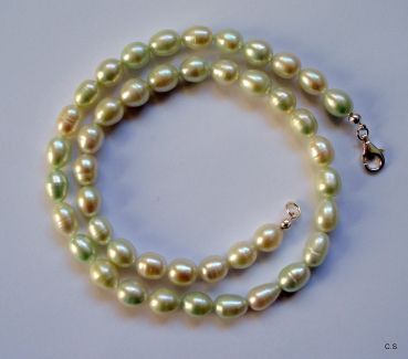 Süßwasserzucht-Perlen-Collier-8-9mm große Lemonfarben Perlen-mit Silberschließe