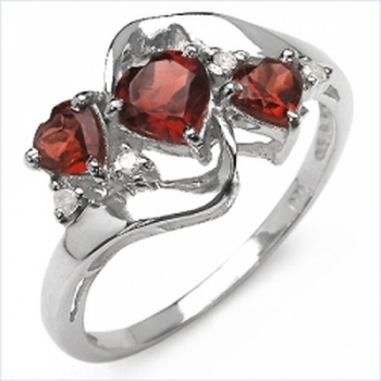 Herzen Diamant/Granat-Ring-925 Silber Rhodiniert-1,24 Karat