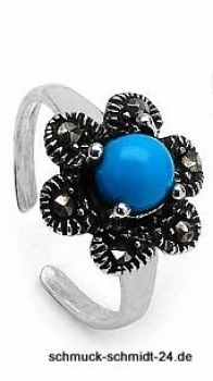 Zehenring/Fußschmuck Blume/Blüte-Türkis/schwarzer ONYX-Silber Rhodiniert