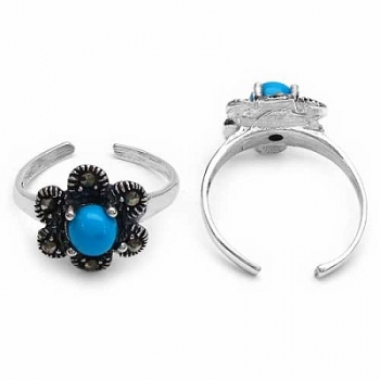 Zehenring/Fußschmuck Blume/Blüte-Türkis/schwarzer ONYX-Silber Rhodiniert