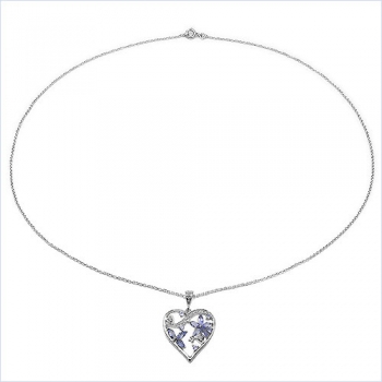 Collier/Halskette mit edlem Herz-Anhänger in Tansaniten / Weißen Zirkonias-925 Sterling Silber-1,35 Karat