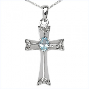 Collier/ Halskette mit Kreuz-Anhänger Diamanten/Blautopas 0,83 Karat