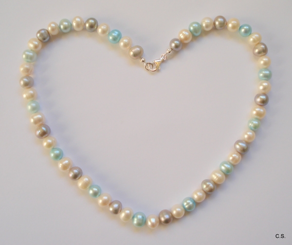 Süßwasserzucht-Perlen-Collier-Tricolor/Multi-Türkis,Grau,Weiß-mit Silberschließe