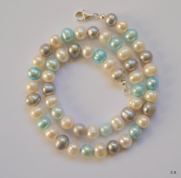 Süßwasserzucht-Perlen-Collier-Tricolor/Multi-Türkis,Grau,Weiß-mit Silberschließe