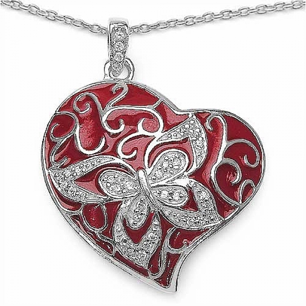 Designer Collier/Kette mit rotem Emaillie-Herz mit Zirkonia-Sterling Silber