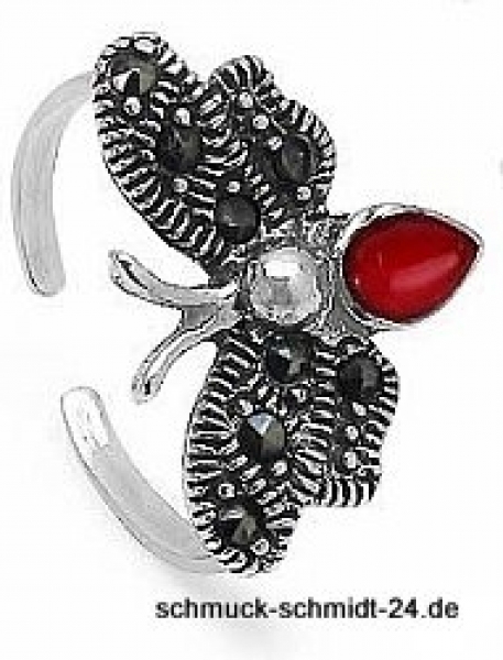 Zehenring/Fußschmuck Schmetterling-Roter ONYX/Markasit-Silber Rhodiniert