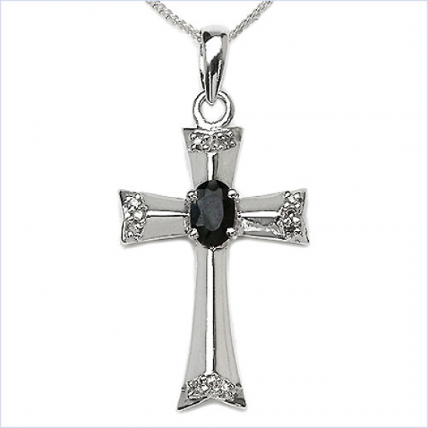 Collier/ Halskette mit Kreuz-Anhänger Diamanten/Saphir 0,83 Karat