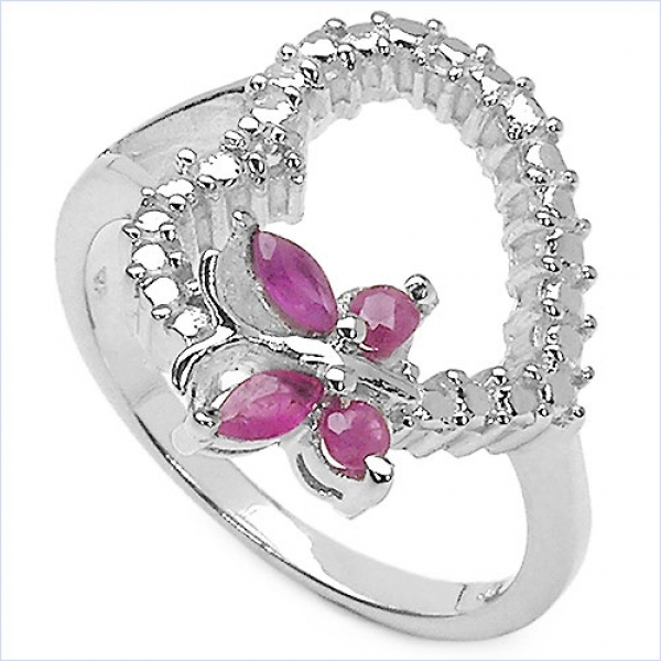 Herz/Schmetterling-Ring-Silber-Rhodiniert 1 Diamant,4 Rubine
