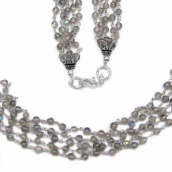 Edelstein-Collier/Kette-Labradorit-925 Sterling Silber Rhodiniert-330 Perlen