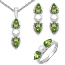 SET 5-teilig Perle/Peridot-Ohrstecker,Collier,Anhänger,Ring-Silber 6,28 Karat