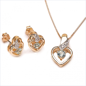 Diamant/Blautopas-Anhänger,Kette,Ohrstecker-Silb.vergoldet-0,58Karat