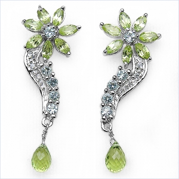 Ohrringe Blume Peridot,Blau-u.Weiß Topas-925 Silber Rhod.-3,34 Karat