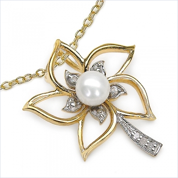 Collier/Kette mit Perle/Zirkonia-Anhänger Silb-vergold.1,12 Karat