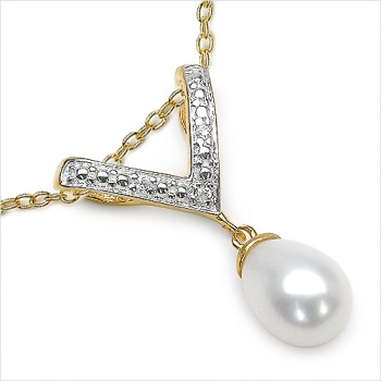 Collier/Kette mit Perle/Zirkonia-Anhänger 3,06 Karat-Silb-vergold.
