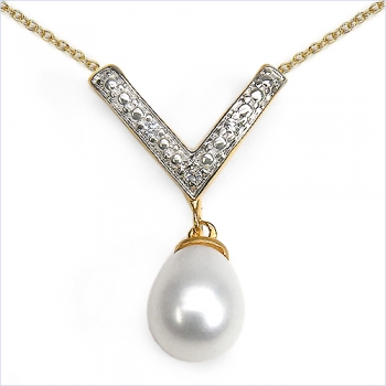 Collier/Kette mit Perle/Zirkonia-Anhänger 3,06 Karat-Silb-vergold.