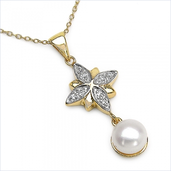 Collier/Kette mit Perle/Zirkonia-Anhänger Silb-vergold.2,68 Karat