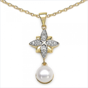 Collier/Kette mit Perle/Zirkonia-Anhänger Silb-vergold.2,68 Karat