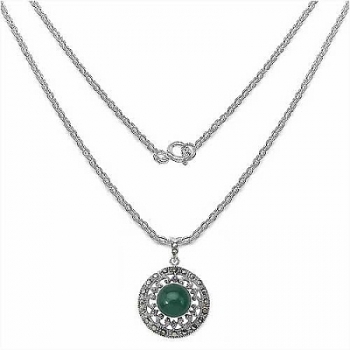 Collier/Kette mit Anhänger grüner ONYX/Markasit (Pyrit)-Anhänger-Silber Rhodin.