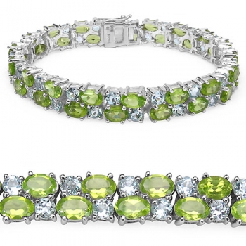 Bezauberndes Peridot/Blautopas-Armband Silber-Rhod.-23 Karat-72 Edelsteine