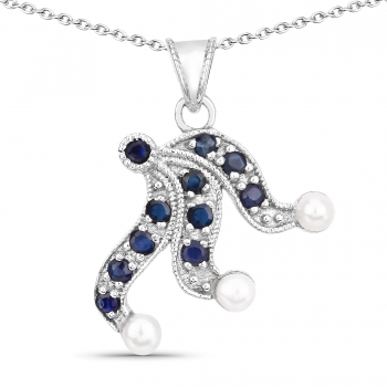Collier Süßwasser-Perle/Nachtblauer Saphir-Anhänger 925-Silber Rhodiniert-3,68 K