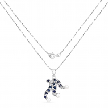 Collier Süßwasser-Perle/Nachtblauer Saphir-Anhänger 925-Silber Rhodiniert-3,68 K