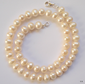 Süßwasserzucht-Perlen-Collier-9-10mm große Weiße Perlen-mit Silberschließe