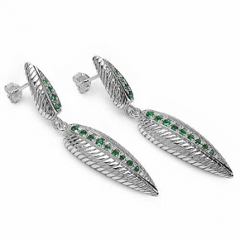 Ohrringe/Ohrstecker Grüne American Diamonds Feder-Silber Rhodiniert-0,70 Karat