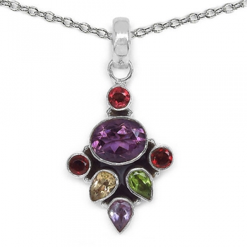 Collier/Kette mit Multi Edelstein-Anhänger-Amethyst,Granat,Peridot,Citrin