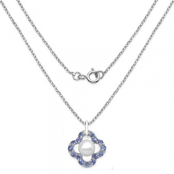 Collier/Halskette mit Tansanit/Perle-Anhänger-15 Edelsteine-3,04 Karat
