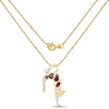 Collier/Kette mit Anhänger Katze/Kater - Silber vergoldet mit Granat und Weißtopas-0,88 Karat