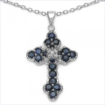 Collier mit großem Kreuz-Anhänger -Diamant/Saphire