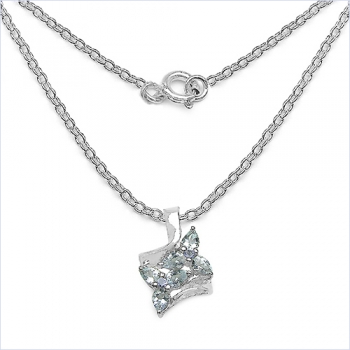 Collier/Kette mit Aquamarin-Anhänger-Blumen-925 Silber/Rhodiniert