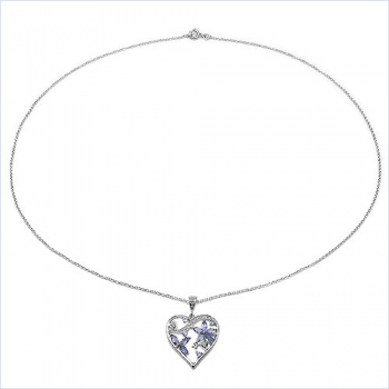 Collier/Halskette mit edlem Herz-Anhänger in Tansaniten / Weißen Zirkonias-925 Sterling Silber-1,35 Karat