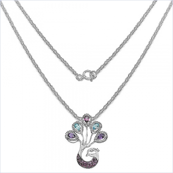 Collier/Halskette mit Anhänger-Pfau aus Amethyst,Blautopas,Rhodolith,Zirkonia