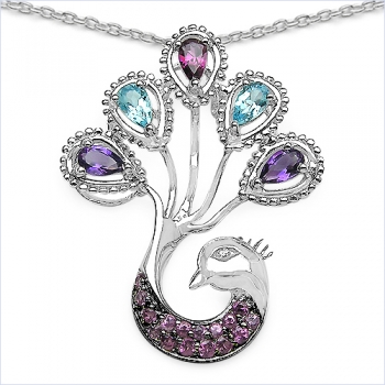 Collier/Halskette mit Anhänger-Pfau aus Amethyst,Blautopas,Rhodolith,Zirkonia