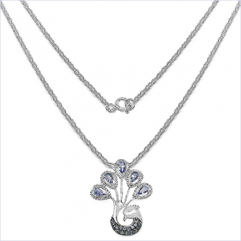 Collier/Halskette mit Anhänger-Pfau aus Tansanit/Zirkonia-1,47 Karat
