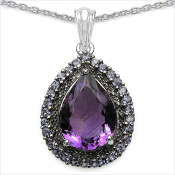 Collier/Kette mit Blautopas/Tansanit-Tropfen-Anhänger,Silber Rhodiniert-10,10 Karat