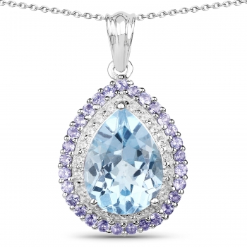 Collier/Kette mit Blautopas/Tansanit-Tropfen-Anhänger,Silber Rhodiniert-10,10 Karat