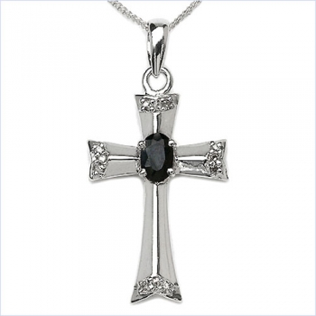 Collier/ Halskette mit Kreuz-Anhänger Diamanten/Saphir 0,83 Karat