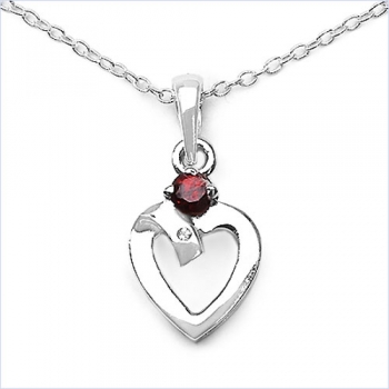 Collier mit Diamant/ Granat/ Herz-Anhänger Rhodiniert