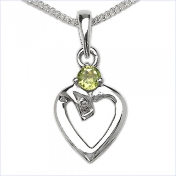 Collier mit Diamant/ Peridot/ Herz-Anhänger Rhodiniert