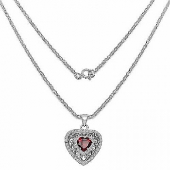 Collier/Kette mit Granat/Weißem Zirkonia-Herz-Anhänger 1,26 Karat-54 Steine