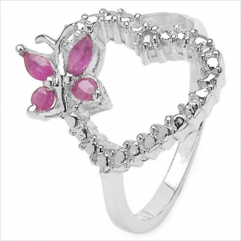 Herz/Schmetterling-Ring-Silber-Rhodiniert 1 Diamant,4 Rubine