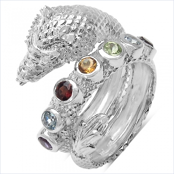Drachen-Ring mit 5 verschiedenen Edelsteinen-925 Sterling Silber Rhodiniert 0,80 Karat