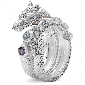 Drachen-Ring mit 5 verschiedenen Edelsteinen-925 Sterling Silber Rhodiniert 0,80 Karat
