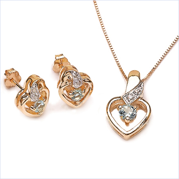 Diamant/Blautopas-Anhänger,Kette,Ohrstecker-Silb.vergoldet-0,58Karat