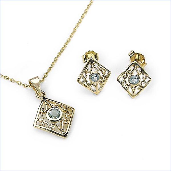 Collier/Kette mit Antikem Blautopas-Anhänger-925 Sterling Silber-vergoldet 10 Karat