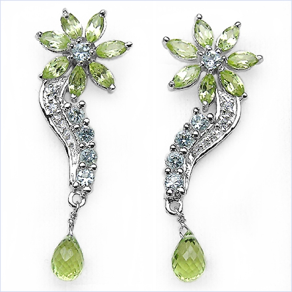 Ohrringe Blume Peridot,Blau-u.Weiß Topas-925 Silber Rhod.-3,34 Karat
