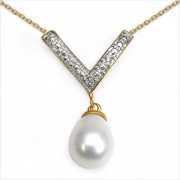 Collier/Kette mit Perle/Zirkonia-Anhänger 3,06 Karat-Silb-vergold.