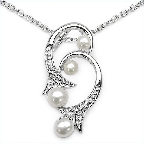Collier/Kette mit Perlen/Zirkonia-Anhänger 925-Silber-0,96 Karat